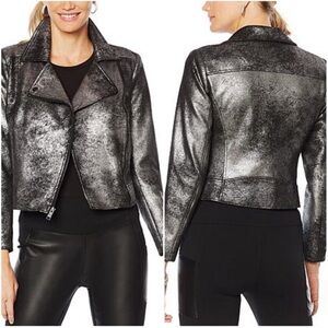 G by Giuliana Shimmering Silver Metallic Cropped Moto Jacket